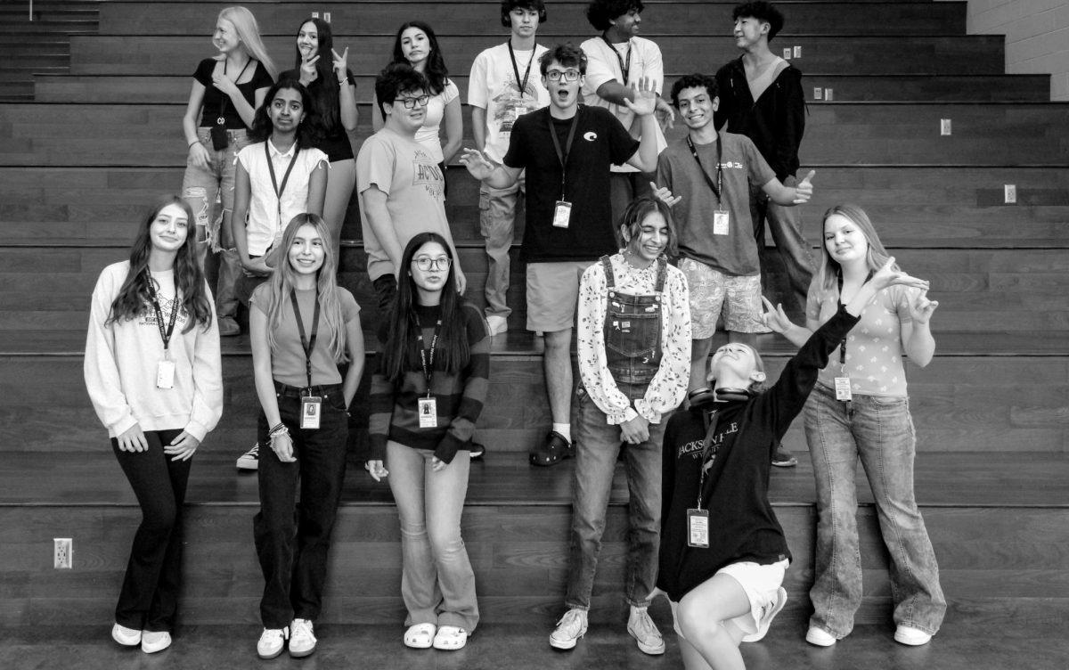 The 2024-2025 Staff of the Jordan Journal poses for a group photo on the West Tower Learning Stairs on September 5th, 2024.