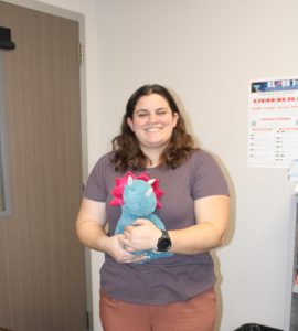 At every out of state tournament, the debate team buys a stuffed animal to stay in the debate classroom. This is Terry the Triceratops, a lavender scented, weighted stuffed animal.